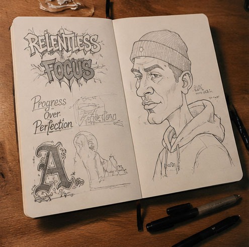 An open sketchbook with hand-lettering, a caricature, and A logomark studies